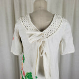 Vintage 50s Mini Mod Pixel Linen Crochet Bakelite Beaded Floral Womans Dress S