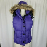 LL Bean Hooded Fur Trim Goose Down Nylon Quilted Puffer Vest Womens S Purple