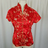 Traditional Asian Chinese Changshan Silk Top Shirt Blouse Womens L Red Floral